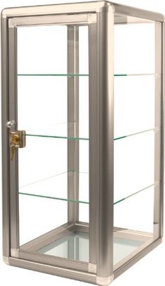 a glass display case with two shelves and one door on each side, in front of a white background