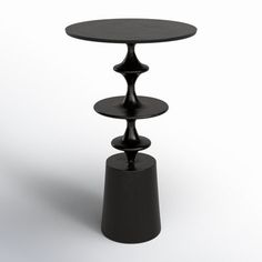 three tiered black table on white background, with one standing up and the other sitting down