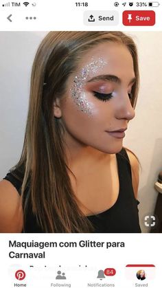 Gorgeous glitter hairstyle ideas | Hairstyle tutorial ideas | Easy hairstyle ideas Festival Sparkle Makeup, Rave Face Glitter Ideas, Ways To Put Glitter On Your Face, Glitter Cheer Makeup, Body Glitter Ideas Festival, Face Glitter Ideas Festival Simple, Sparkly Face Makeup, Cheer Makeup High School Glitter, Face Glitter Designs