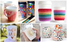 many different types of coffee cups and mugs with the words hello fall painted on them