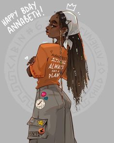 a drawing of a woman wearing an orange shirt and grey skirt with the words happy day,