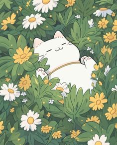 a white cat laying in the middle of flowers