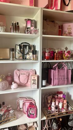 the shelves are filled with many different types of purses