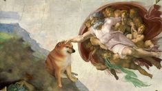 a painting with an image of a woman on the ceiling and a dog standing in front of it