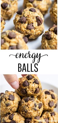 energy balls stacked on top of each other with chocolate chips and oats in the middle