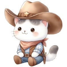 a white cat wearing a cowboy hat and scarf