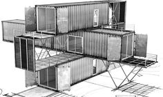 an architectural drawing of several shipping containers stacked on top of each other