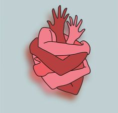 a drawing of a human heart with hands coming out of it's center, on a gray background