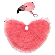 a pink flamingo tutu skirt with a black bird on it's head