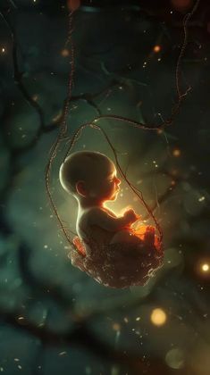 a baby is sitting on a swing in the night sky, with lights shining behind it