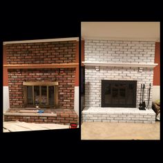 before and after pictures of a brick fireplace