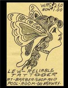 a drawing of a woman's head with wings on her head and words below it