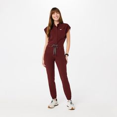 Official FIGS® Scrubs. Ridiculously Soft Scrubs Designed Just For You. Get Free Shipping On Orders $50+! | FIGS Womens Burgundy Rafaela - Cargo ScrubJumpsuit™ Cargo Jumpsuit, Burgundy Jumpsuit, Scrubs Outfit, Figs Scrubs, Lab Coats, Awareness Ribbon, Top Graphic Tees, Awareness Ribbons, Scrub Pants