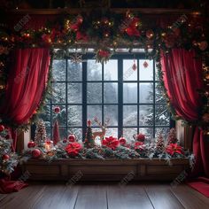 a window with christmas decorations and lights on the windowsill, in front of a red curtain