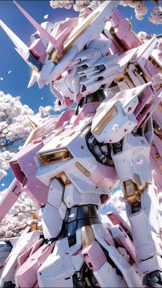 a large white and pink robot standing in the sky