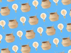 a blue background with baskets and lights on the sides, one has a light bulb in it