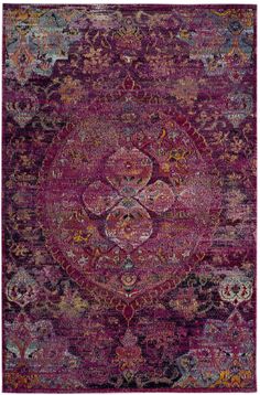 a purple rug with an ornate design on the bottom and sides, in various colors