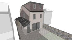 an architectural rendering of a house with a fence around it and a building on the other side