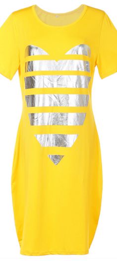 Sizes 10-20 Bodycon Mini Dress - Plus Size thigh length dress with short sleeves, round neck, and shiny metallic silver heart graphic print. Comes in yellow, pink, or blue. Love this cute, trendy, & girly heart print  for a valentine's day party outfit idea. Bold statement style, plus size clothing, curvy girl fashion,. Affiliate Link. Sparks Design, Day Party Outfit, Thigh Length Dress, Mini Dress Plus Size, Valentine's Day Party, Dress With Short Sleeves, Heart Graphic, Bodycon Mini Dress, Outfit Idea