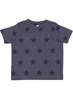 3029 Toddler Five Star Tee Code Five Toddler Five Star Combed Ringspun Cotton Crew Neck Tee Whether your Toddler is an All-Star or a Rock Star, they will be reaching for the stars in this new all-over pattern tee. The new Code Five Toddler Five Star Tee combines our Vintage Fine Jersey fabric with a tonal, soft-hand star print. Also available in adult through infant, this pattern allows for all-inclusive style, no matter your age or size.   Fabrication: 4.5 oz. 60% combed ringspun cotton/40% polyester vintage fine jersey with printed star pattern • Natural Heather is 100% combed ringspun cotton with star print Features: Ribbed collar • Self-fabric neck tape • Double needle sleeves and bottom hem • Side seam construction • EasyTear™ label Safety: CPSIA compliant tracking label in side seam Romper Bodysuit, Star T Shirt, Art Equipment, Baby Boy Onesies, Baby Boy Romper, Short Sleeve Bodysuit, Valentines Shirt, Clothing Apparel, Five Star