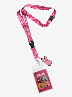 a pink lanyard with an id badge attached to it