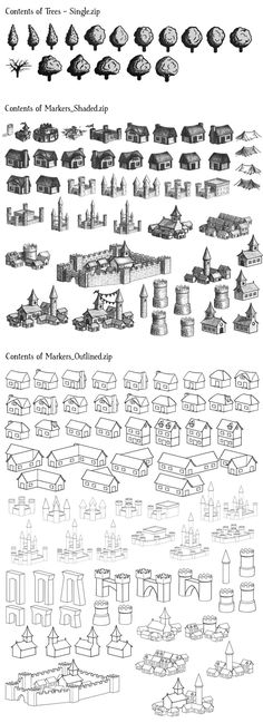 an old black and white drawing shows different types of buildings