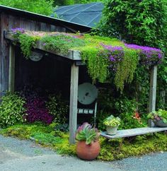 a wooden bench covered in plants next to a building