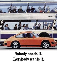 an orange porsche parked in front of a double decker bus with people riding on it