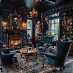 a living room filled with furniture and a fire place in the middle of a room