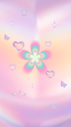 an abstract background with hearts and butterflies in pastel pink, blue, yellow and green