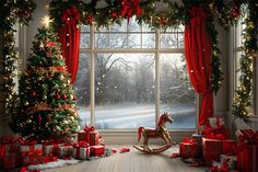 a room decorated for christmas with presents and a rocking horse in front of the window