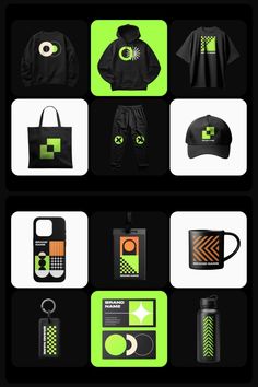 a black and green poster with various items on the back, including a hat, phone case