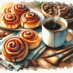 a painting of coffee and cinnamon buns on a table next to other food items