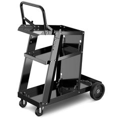 a black utility cart with wheels and handles