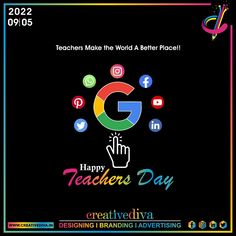 the teacher's day poster is displayed in front of a black background with colorful icons