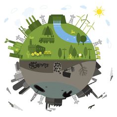 an illustration of a green planet with trees and windmills on it's surface