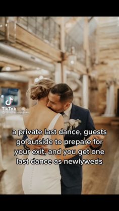 a man and woman standing next to each other in front of a wooden floor with the words private last dance, guests go outside to prepare for your exit, and you