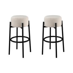 pair of stools with black legs and white upholstered seat cushions on each side