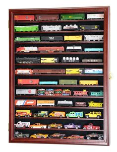 a display case with many different types of toy trains and cars on it's sides