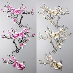 two pictures of pink and white flowers in vases on top of each other,