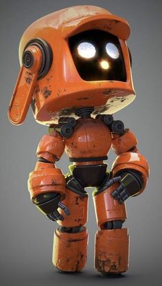 an orange robot with glowing eyes standing in front of a gray background