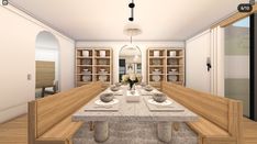 a large dining room with white walls and wooden tables in the center is surrounded by bookshelves