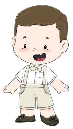 a little boy in overalls and a bow tie is standing with his hands out