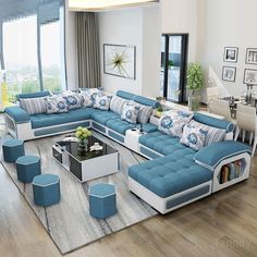 a living room with blue and white furniture