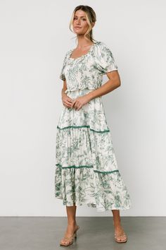 Ruthie Tiered Midi Dress | Green Print Floral Summer Dress Long, Cute Church Dresses, Sunday Dresses, Church Dresses For Women, Teacher Dresses, White Dress Outfit, Midi Dress Green, Cute Modest Outfits, Tiered Midi Skirt