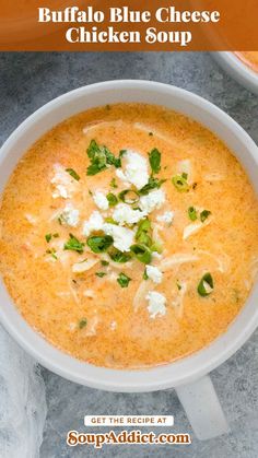 buffalo blue cheese chicken soup in a white bowl with text overlay that reads buffalo blue cheese chicken soup