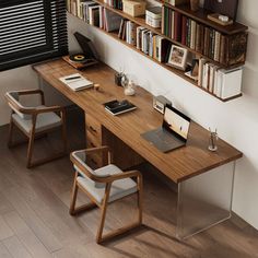 a wooden desk topped with a laptop computer next to a book shelf filled with books