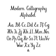 the font and numbers for modern calligraphy alphabet, handwritten with black ink on white paper