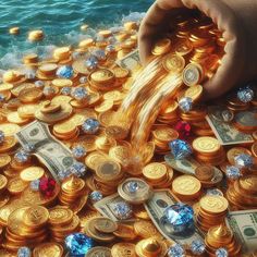 a pile of gold coins being poured into the water by a person's hand