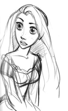 a pencil drawing of a girl with long hair and big eyes, wearing a dress